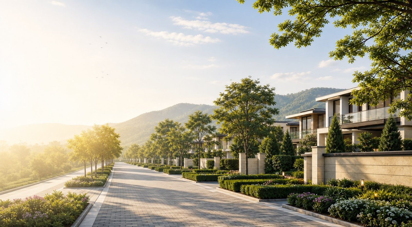 Nirvaana Greens Haridwar premium residential plots with tree-lined internal road and luxury green surroundings
