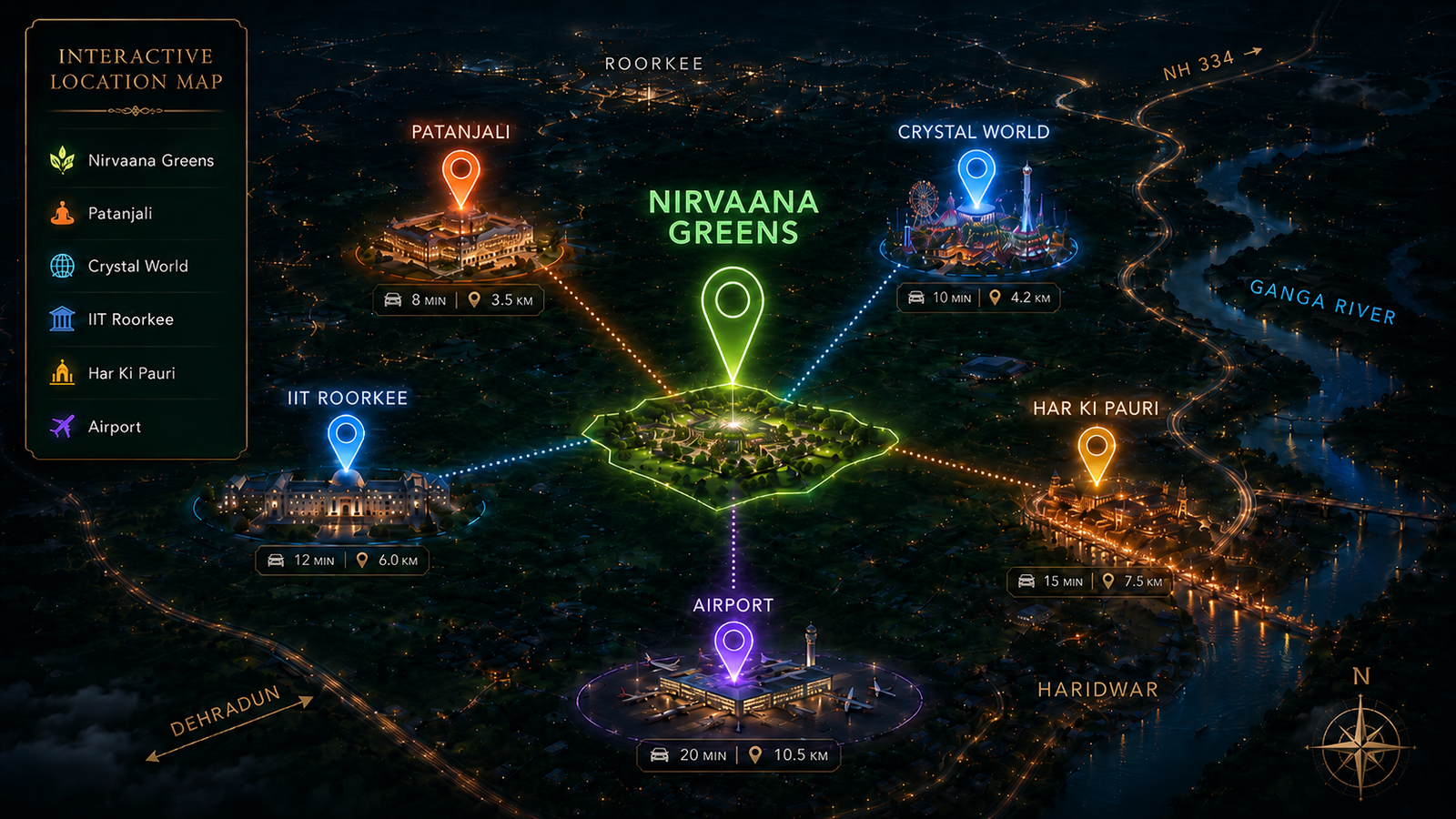 Interactive location map for Nirvaana Greens Haridwar showing Patanjali, Crystal World, IIT Roorkee, Har Ki Pauri, airport, NH-334 and Ganga River connectivity